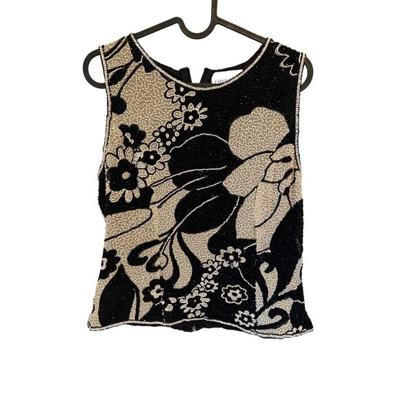 Paradise NY Black White Floral Beaded Sleeveless Top Medium Vintage Party - Picture 1 of 5